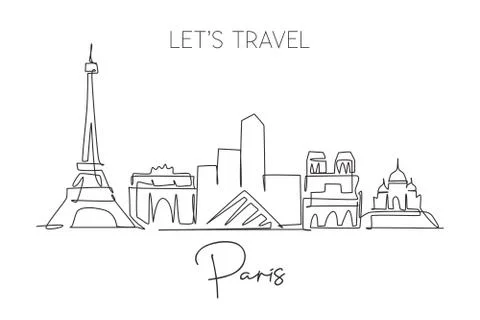 One single line drawing of Paris city skyline France. Historical skyscraper Stock Illustration