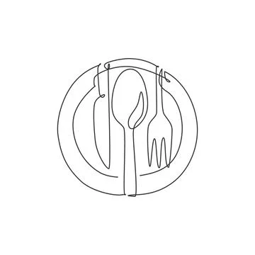 One single line drawing of plate knife, fork and knife for restaurant logo 스톡 일러스트