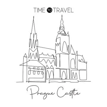 One single line drawing Prague Castle landmark. World famous iconic building Stock-Illustration