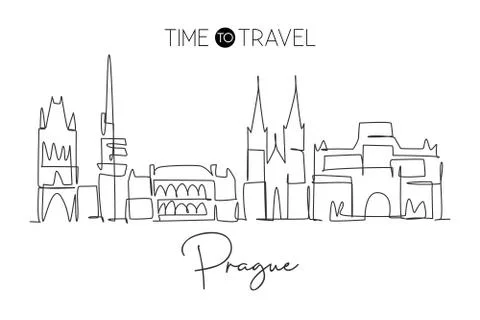 One single line drawing of Prague city skyline, Czech Republic Stock Illustration