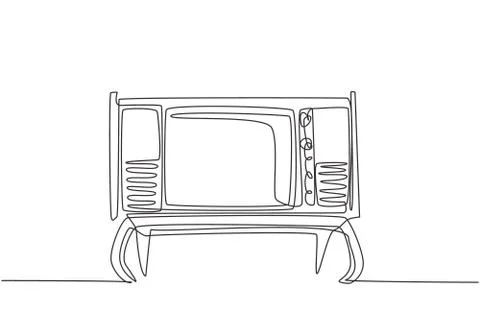 One single line drawing of retro old fashioned tv with wooden table Stock-Illustration