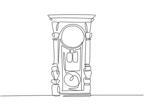 One single line drawing of retro old classic wooden wall clock. Vintage Illustrazione stock