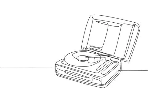 One single line drawing of retro old classic portable music turntable vinyl Illustrazione stock