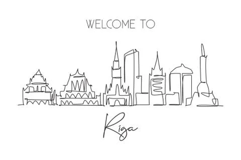 One single line drawing of Riga city skyline, Latvia. Historical town Illustrazione stock