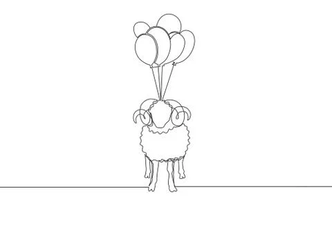 One single line drawing of sheep fly to the sky with balloons. Muslim holiday Stock-Illustration