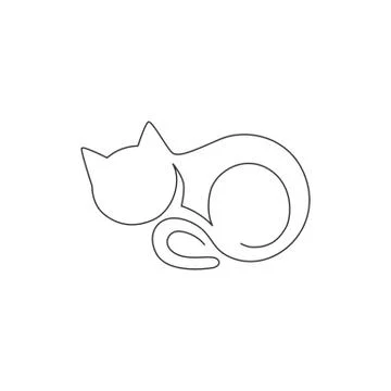 One single line drawing of simple cute cat kitten icon. Pet shop logo emblem Stock Illustration