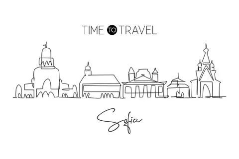 One single line drawing of Sofia city skyline, Bulgaria. Historical town Stock Illustration