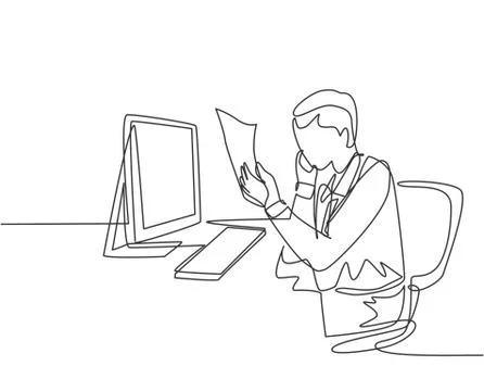 One single line drawing of startup founder reading company annual report Illustrazione stock