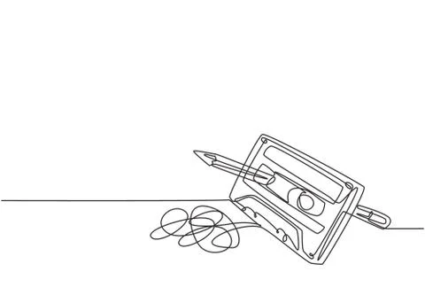 One single line drawing of tangled analog cassette tape ribbon rotate Illustrazione stock