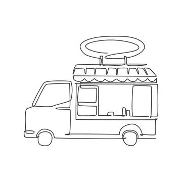 One single line drawing of trendy food truck logo vector graphic illustration Stock Illustration