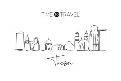One single line drawing of Tucson city skyline, Arizona. Historical town Illustrazione stock