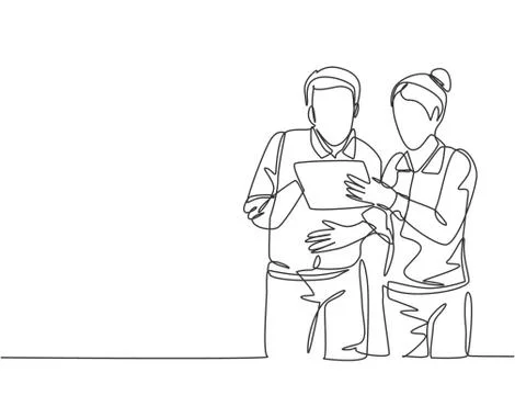 One single line drawing of two young male and female workers watching stock Illustrazione stock