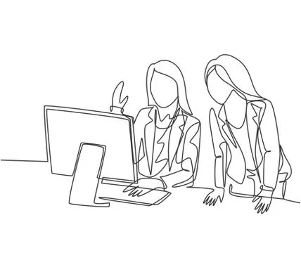 One single line drawing of two young female workers learning work skill Stock Illustration