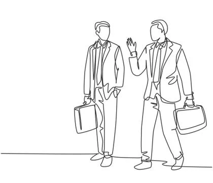 One single line drawing of two young company manager take a walk and talk Stock Illustration