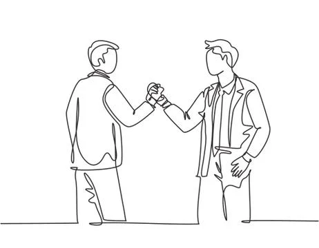 One single line drawing of two young happy business men holding their hands Illustrazione stock