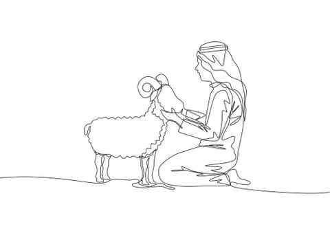 One single line drawing of young muslim holding a sheep. Islamic holiday Stock Illustration
