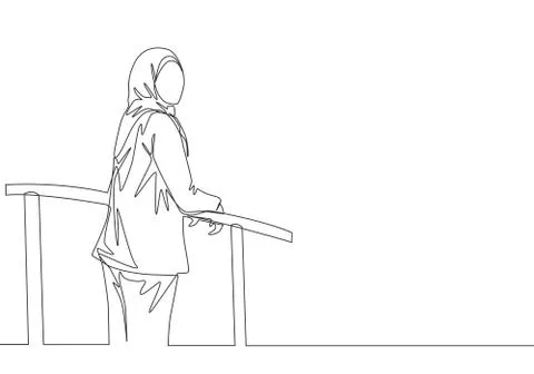 One single line drawing of young happy muslimah wearing head scarf Stock Illustration