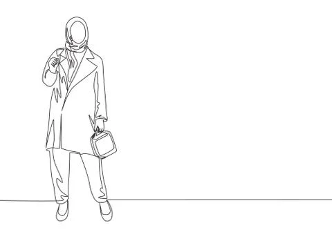 One single line drawing of young happy muslimah pose standing and ready to go Stock-Illustration