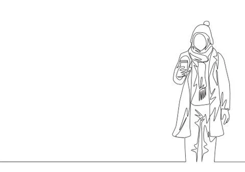 One single line drawing of young attractive happy muslimah wear beanie hat Stock Illustration