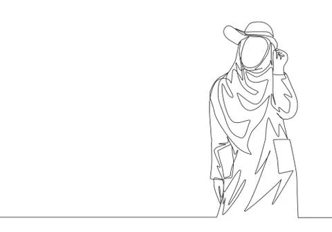 One single line drawing of young happy beauty muslimah wearing cute hat Stock Illustration