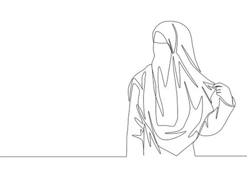 One single line drawing of young attractive Asian muslimah wearing burqa Stock Illustration