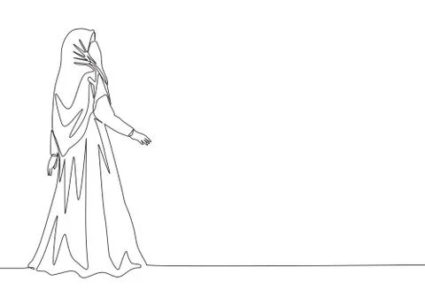 One single line drawing of young beauty saudi arabian muslimah wearing burqa Illustrazione stock
