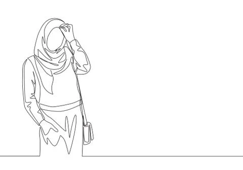 One single line drawing of young happy beauty muslimah girl with head scarf Stock Illustration