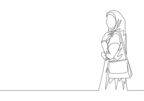 One single line drawing of young happy muslimah on Islamic cloth carrying bag Stock Illustration