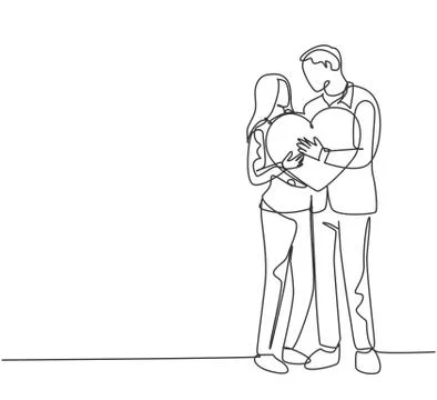 One single line drawing of young happy couple man woman holding heart shaped Stock-Illustration