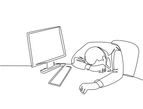 One single line drawing of young tired male employee sleeping on work desk Illustrazione stock