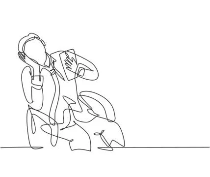 One single line drawing of young broken heart worker crying on work chair Stock-Illustration