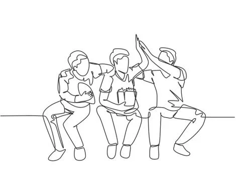 One single line drawing of young happy fans siting on sofa and watching tv Stock Illustration