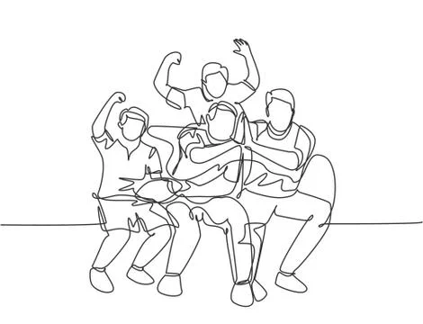 One single line drawing of young happy fans siting on sofa and watching tv Stock Illustration