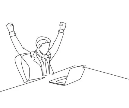 One single line drawing of young happy business man sitting in front laptop Stock Illustration