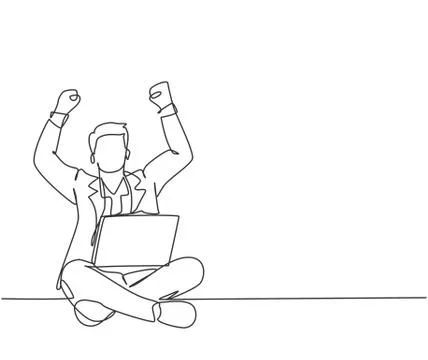 One single line drawing of young happy male manager sitting on floor Illustrazione stock