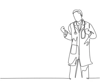 One single line drawing of young happy male doctor fist his hands to the air Stock Illustration