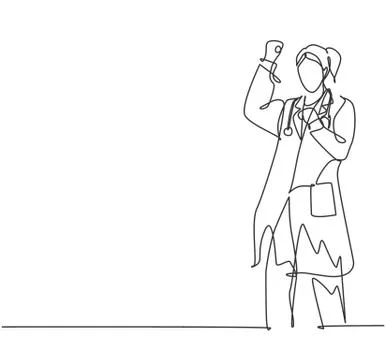 One single line drawing of young happy female doctor fist hands to the air Illustrazione stock