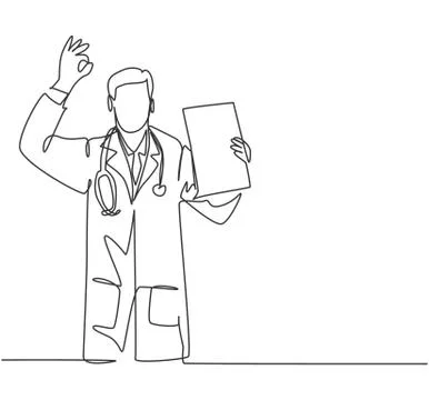 One single line drawing of young happy male doctor showing medical to do list Stock Illustration