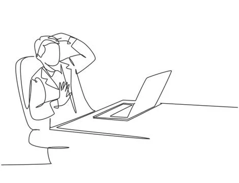 One single line drawing of young depressed manager trauma of the computer Illustrazione stock