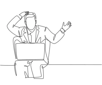 One single line drawing of young confused businessman sitting on the chair Stock Illustration