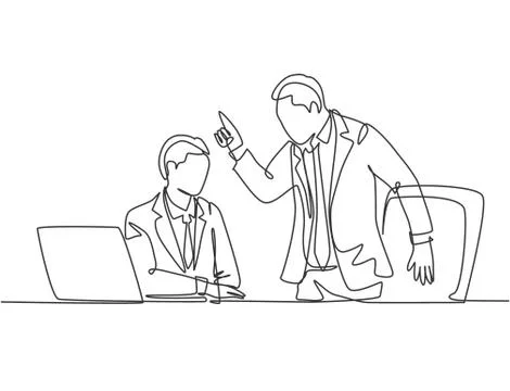One single line drawing of young upset manager asking staff about sales data Illustrazione stock