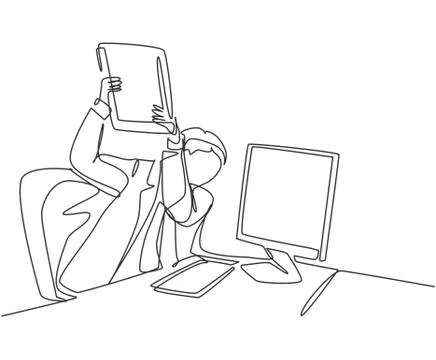 One single line drawing of young furious male worker ready to smash monitor 스톡 일러스트