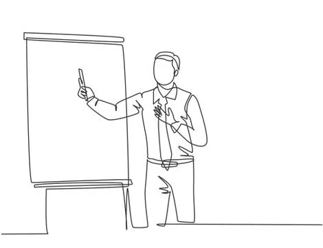 One single line drawing of young presenter explaining business strategy Illustrazione stock