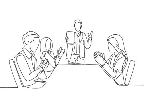 One single line drawing of young happy manager giving interpersonal skill Illustrazione stock