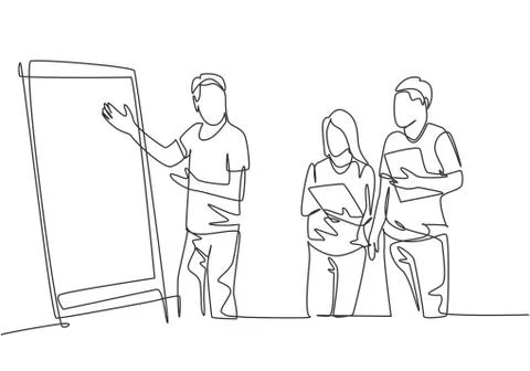 One single line drawing of young happy startup members discussing Illustrazione stock
