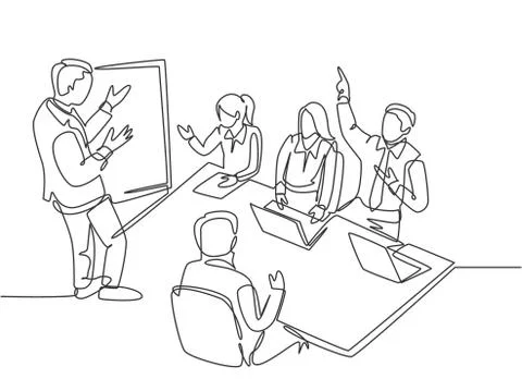 One single line drawing of young business manager giving presentation 스톡 일러스트
