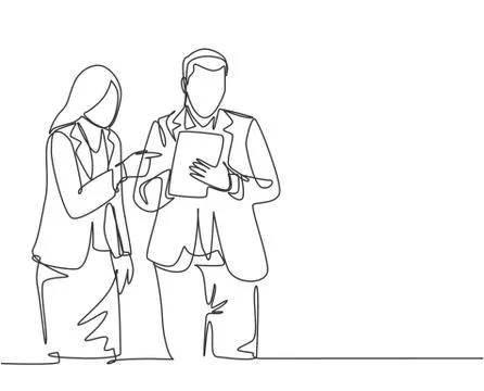 One single line drawing of young male and female employee discussing work Stock Illustration