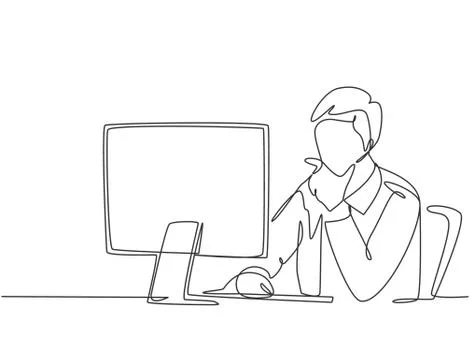 One single line drawing of young startup CEO sitting in front of computer Illustrazione stock