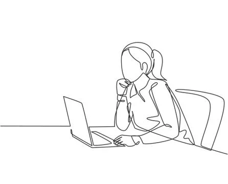 One single line drawing of young female employee sitting in front of laptop Illustrazione stock