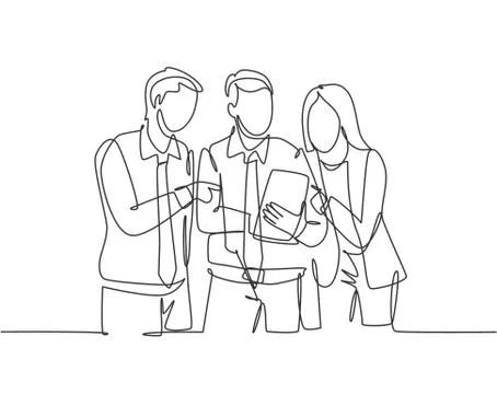 One single line drawing of young happy male and female workers talking Stock Illustration
